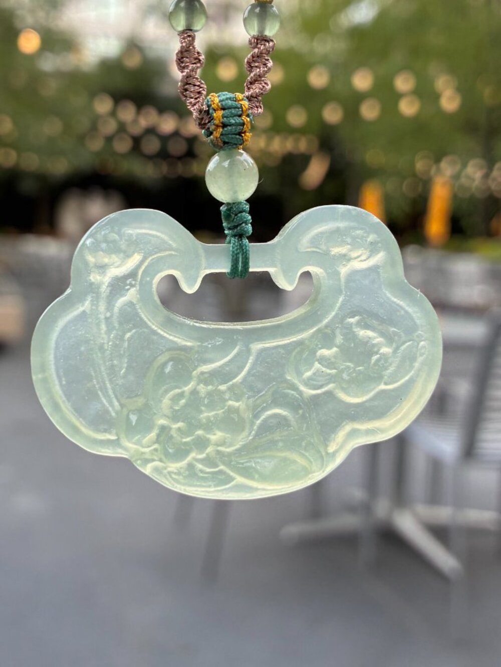 Green Jade Lotus Lock Pendant Rope Necklace - Serpentine
